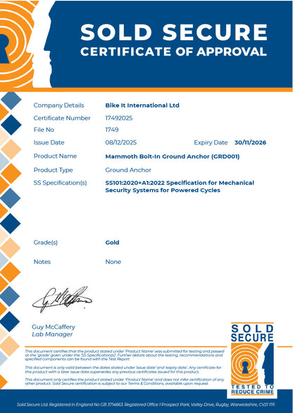 Mammoth Security Bolt In Ground Anchor Sold Secure Gold Approved