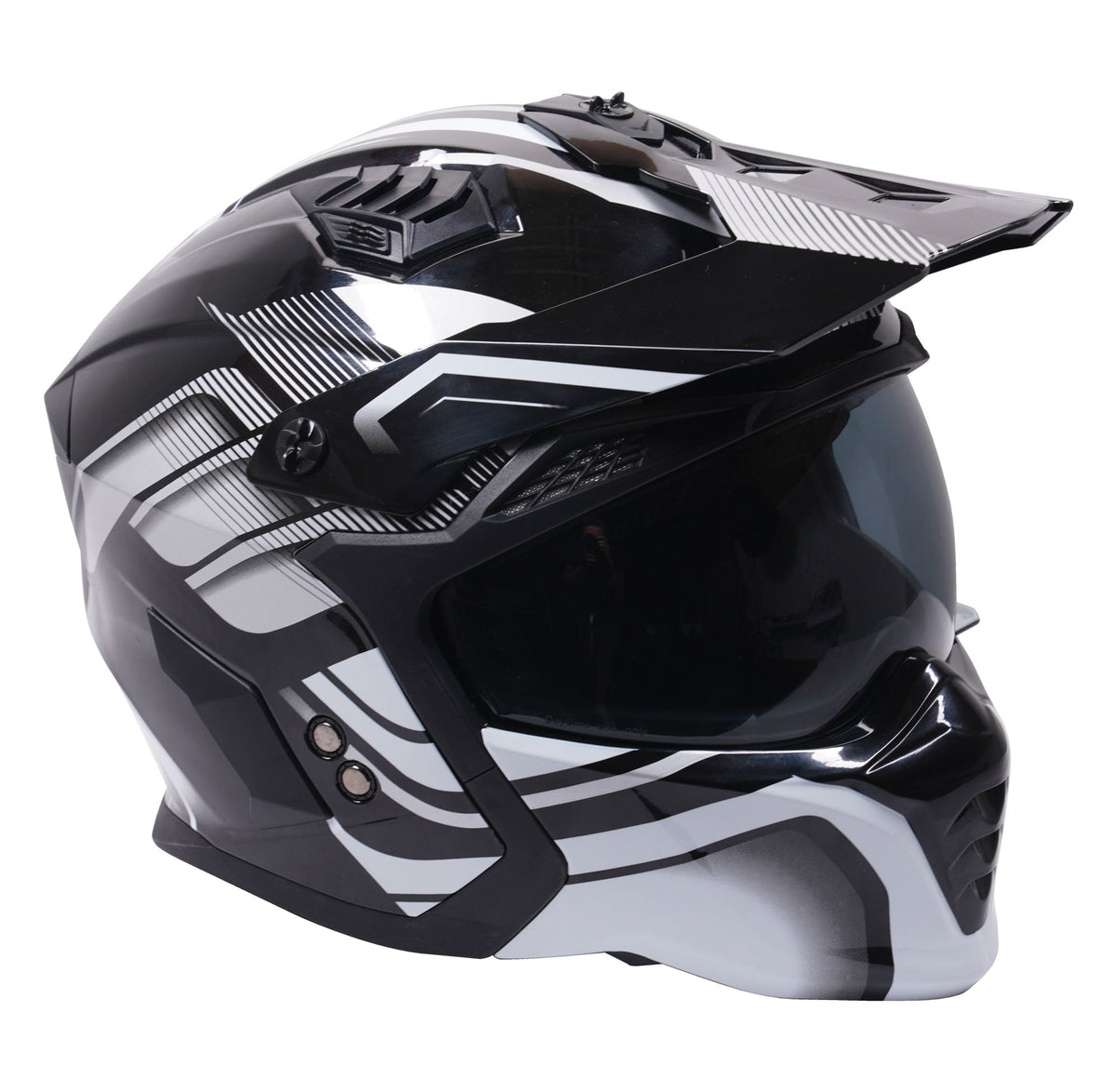 Stealth Fighter Multi Function Motorcycle Full & Open Face Helmet Graphic Orbit Black & Silver Gloss