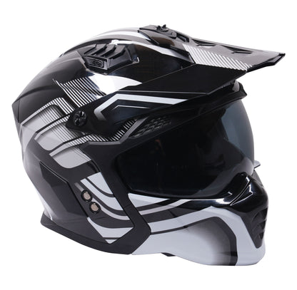 Stealth Fighter Multi Function Motorcycle Full & Open Face Helmet Graphic Orbit Black & Silver Gloss