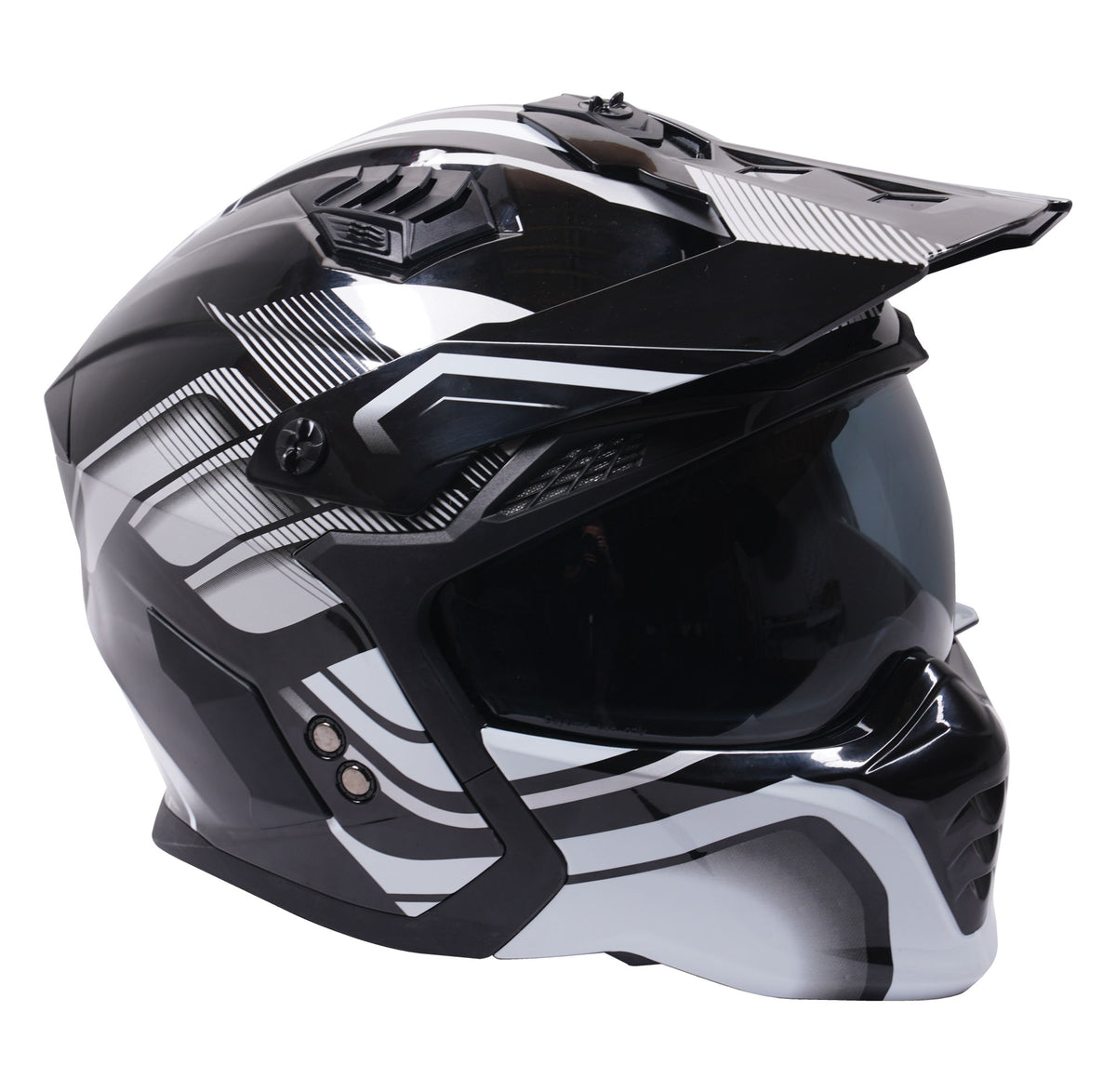 Stealth Fighter Multi Function Motorcycle Full & Open Face Helmet Graphic Orbit Black & Silver Gloss