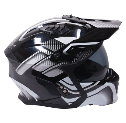 Stealth Fighter Multi Function Motorcycle Full & Open Face Helmet Graphic Orbit Black & Silver Gloss