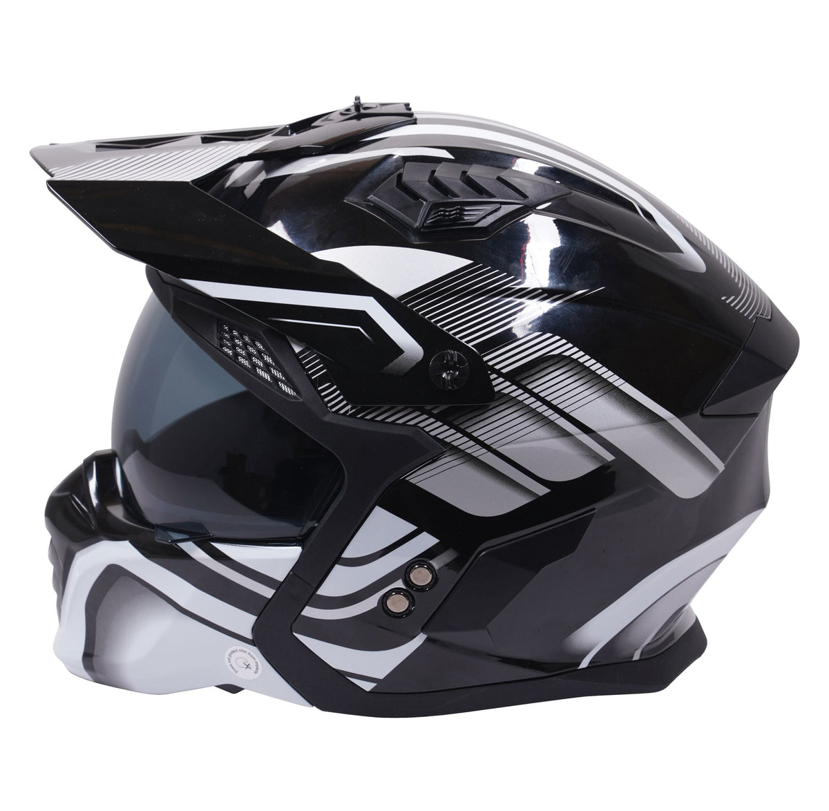 Stealth Fighter Multi Function Motorcycle Full & Open Face Helmet Graphic Orbit Black & Silver Gloss