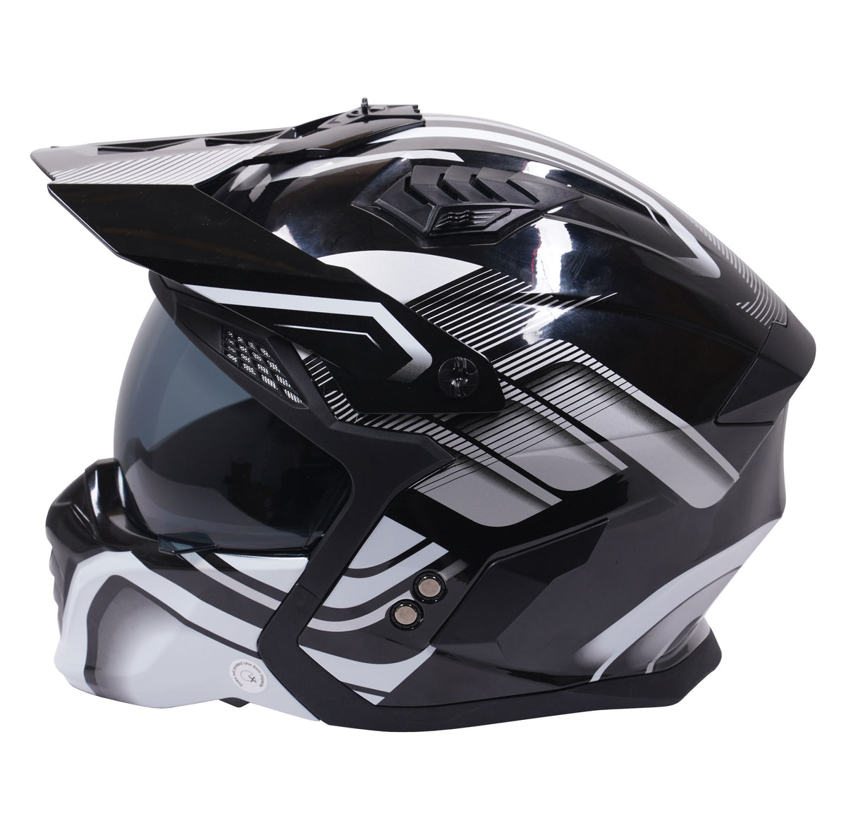 Stealth Fighter Multi Function Motorcycle Full & Open Face Helmet Graphic Orbit Black & Silver Gloss