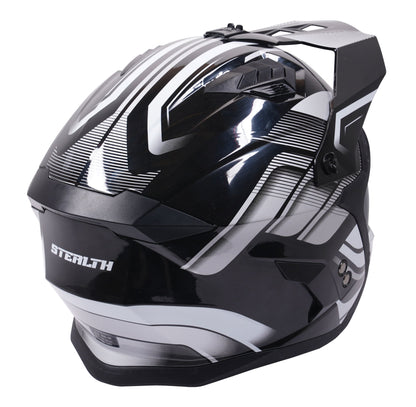 Stealth Fighter Multi Function Motorcycle Full & Open Face Helmet Graphic Orbit Black & Silver Gloss