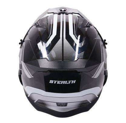 Stealth Fighter Multi Function Motorcycle Full & Open Face Helmet Graphic Orbit Black & Silver Gloss