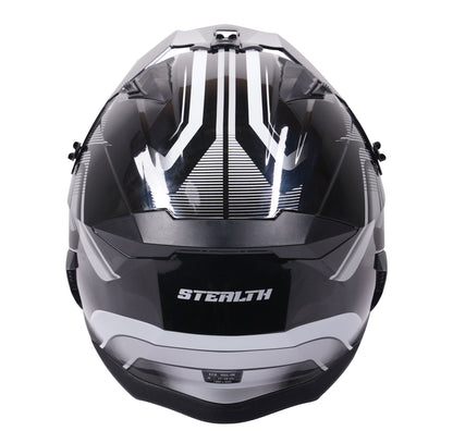 Stealth Fighter Multi Function Motorcycle Full & Open Face Helmet Graphic Orbit Black & Silver Gloss
