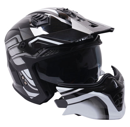 Stealth Fighter Multi Function Motorcycle Full & Open Face Helmet Graphic Orbit Black & Silver Gloss