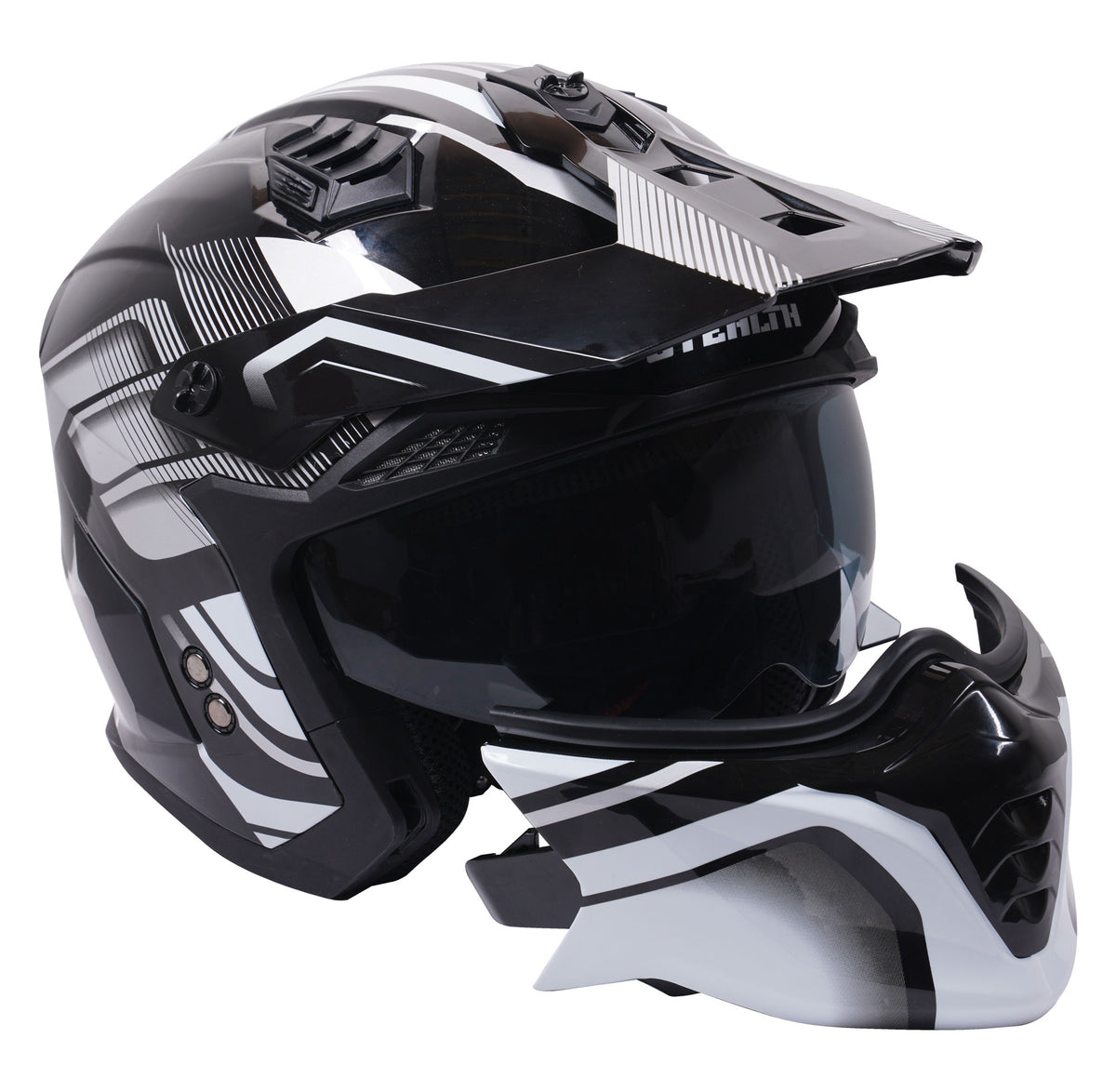 Stealth Fighter Multi Function Motorcycle Full & Open Face Helmet Graphic Orbit Black & Silver Gloss