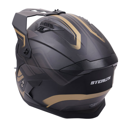 Stealth Fighter Multi Function Motorcycle Full & Open Face Helmet Graphic Orbit Black & Gold Matt