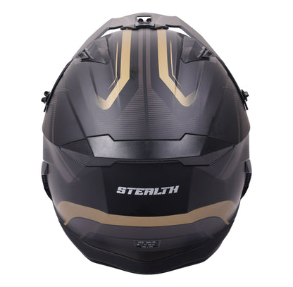 Stealth Fighter Multi Function Motorcycle Full & Open Face Helmet Graphic Orbit Black & Gold Matt