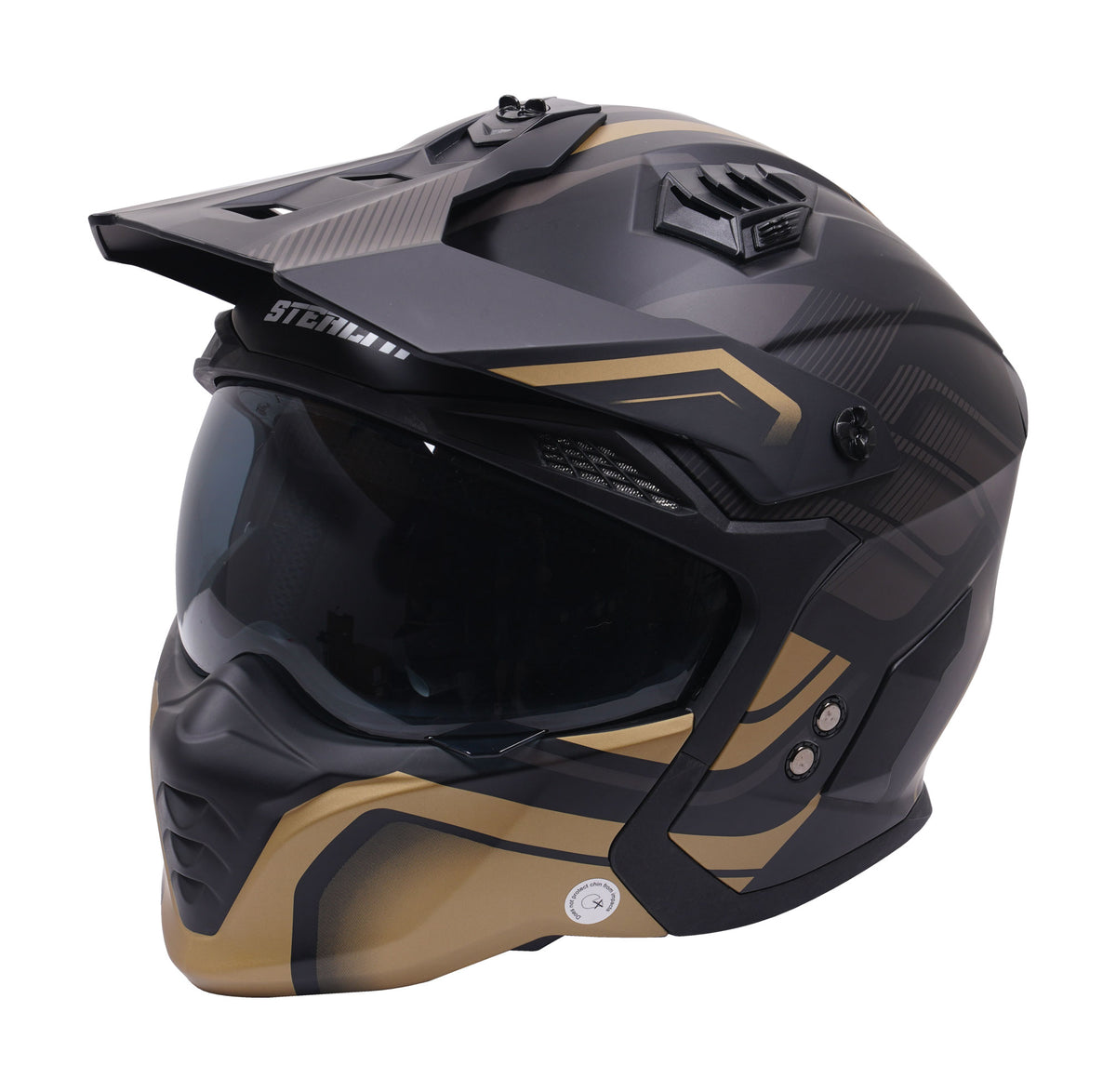 Stealth Fighter Multi Function Motorcycle Full & Open Face Helmet Graphic Orbit Black & Gold Matt